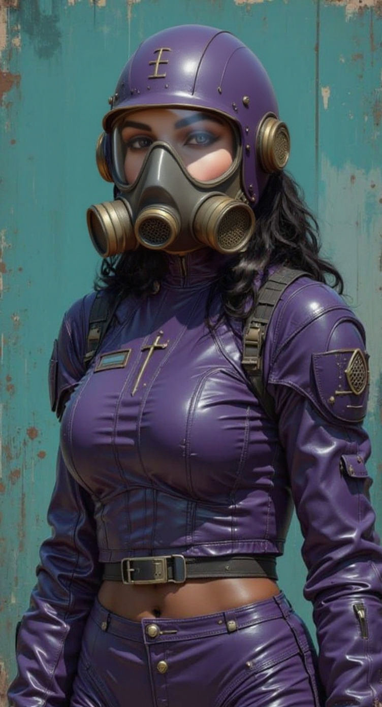 Woman in Violet Tactical Gear and Steampunk Gas Mask