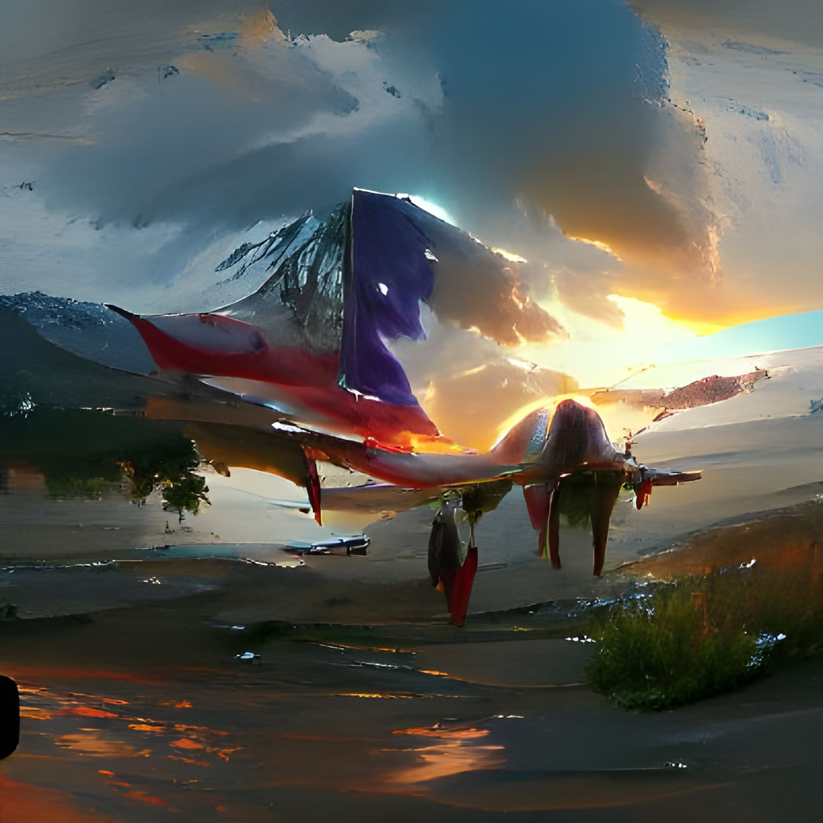 American Flag with Fighter Jet at Sunset