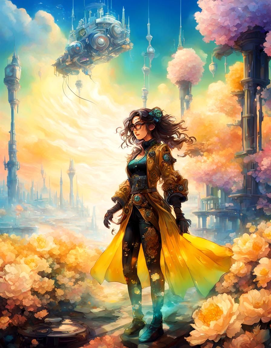 Steampunk Engine with Manga-Style Woman in Fantasy Setting