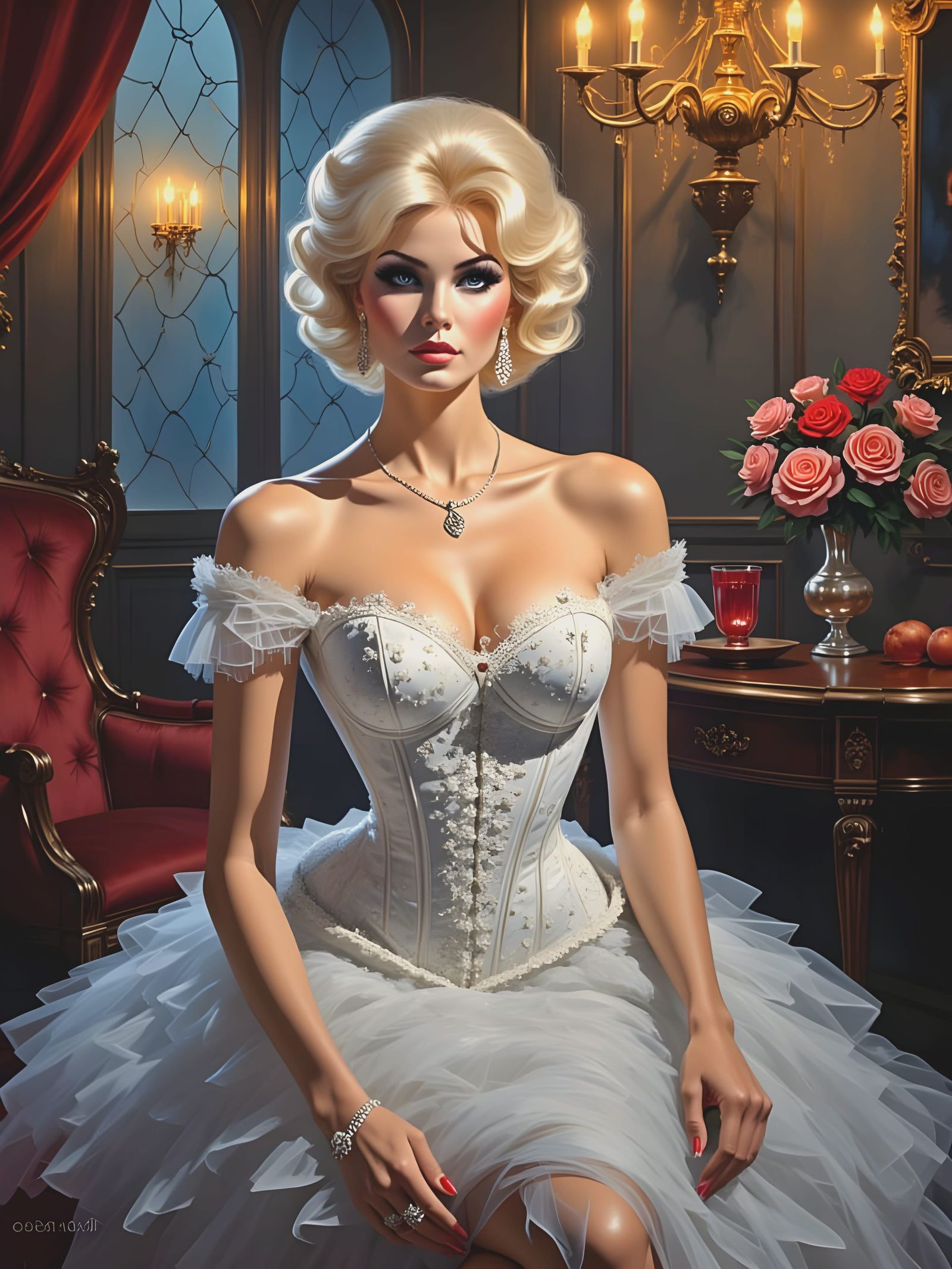 Radiant Woman in Corset Dress with Rose Backdrop