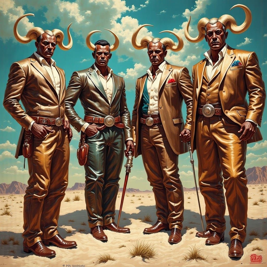 Vintage Rockabilly Illustration of Four Hornsmen in a Musica...