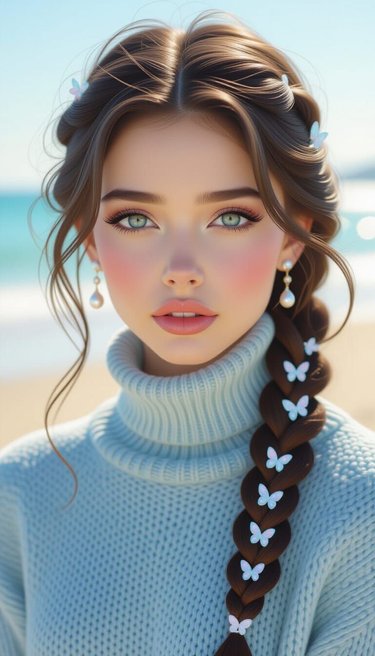 Anime Woman Crying on Beach in Art Nouveau Style