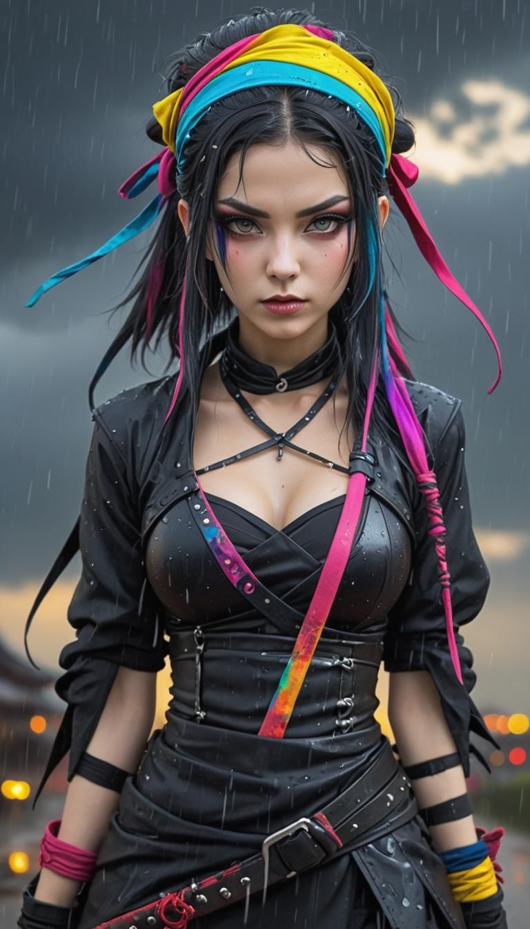 Gothic ninja women , raining sky,  started new life, colorfu...