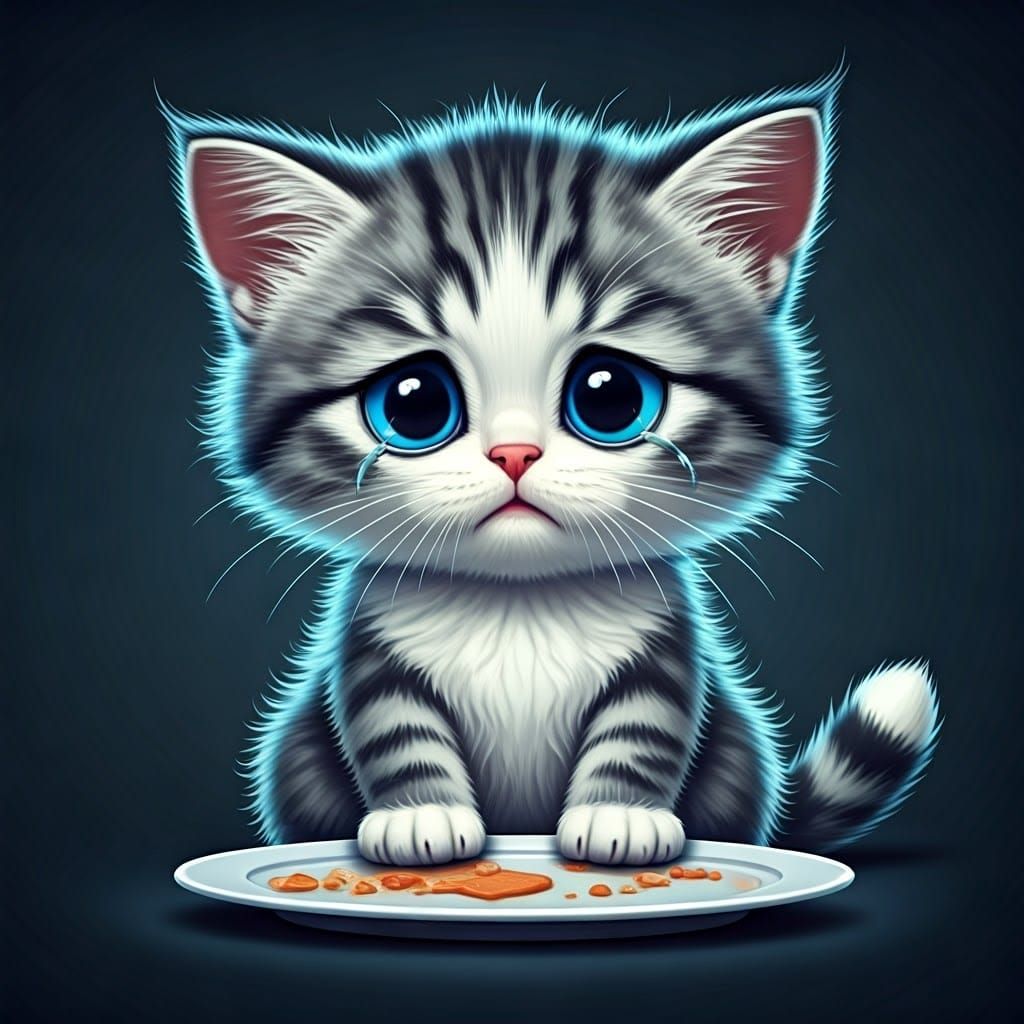 Sad Kitten with Big Blue Eyes Asks for Food