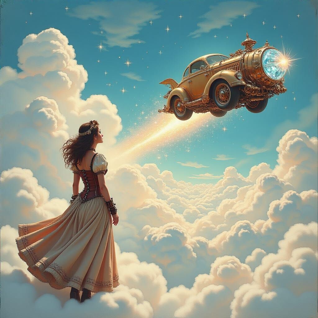 Steampunk Car Soaring Through Clouds in Oil Pastel Style