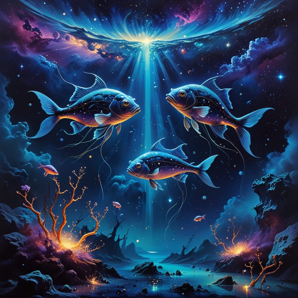 Surreal Cosmic Fish in a Vibrant Nebula