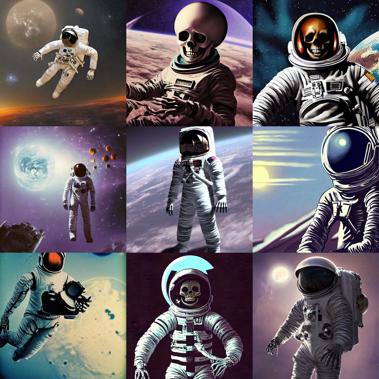 Eerie Skeleton Astronaut in Space Matte Painting