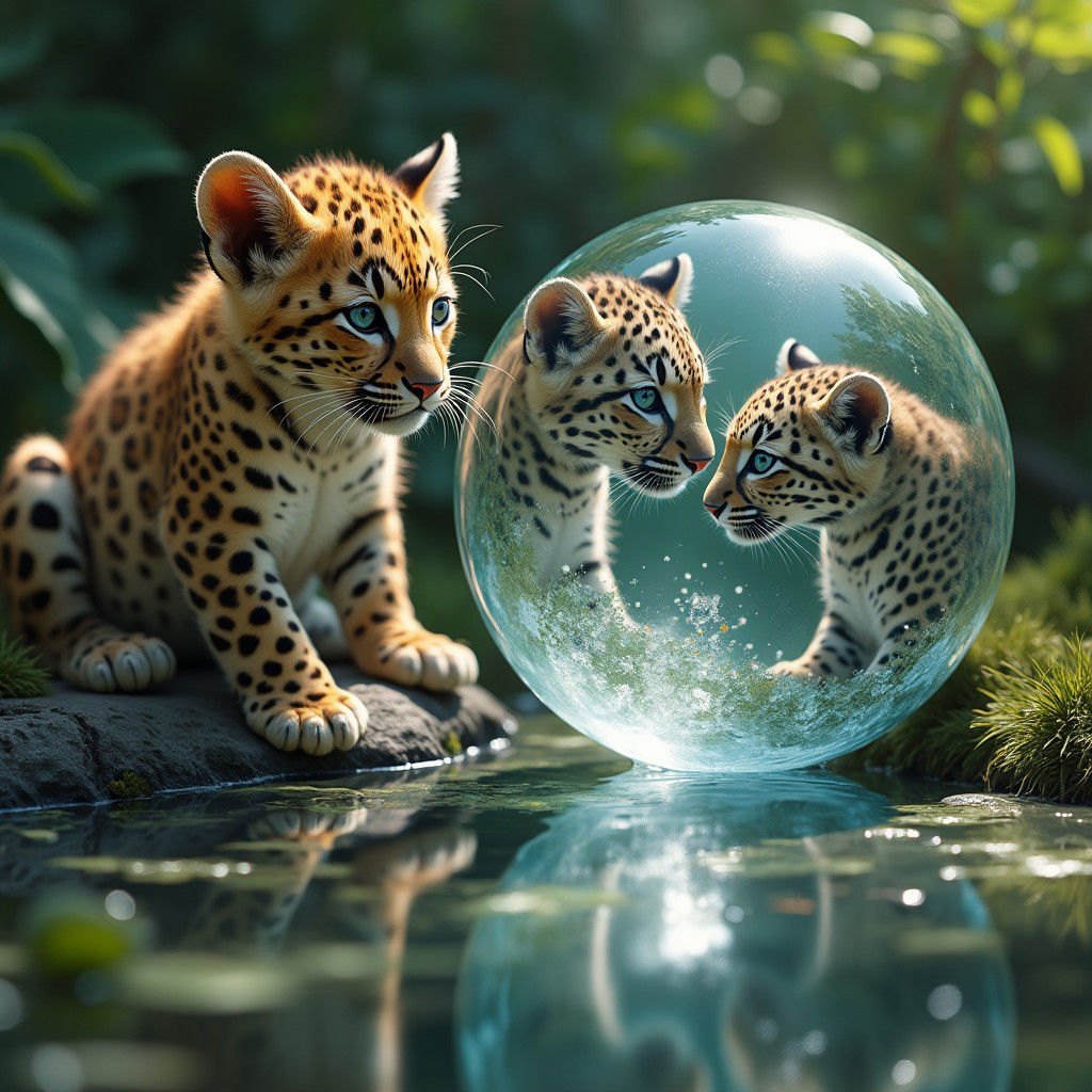 Leopard Cub and Crystal Ball Reflection