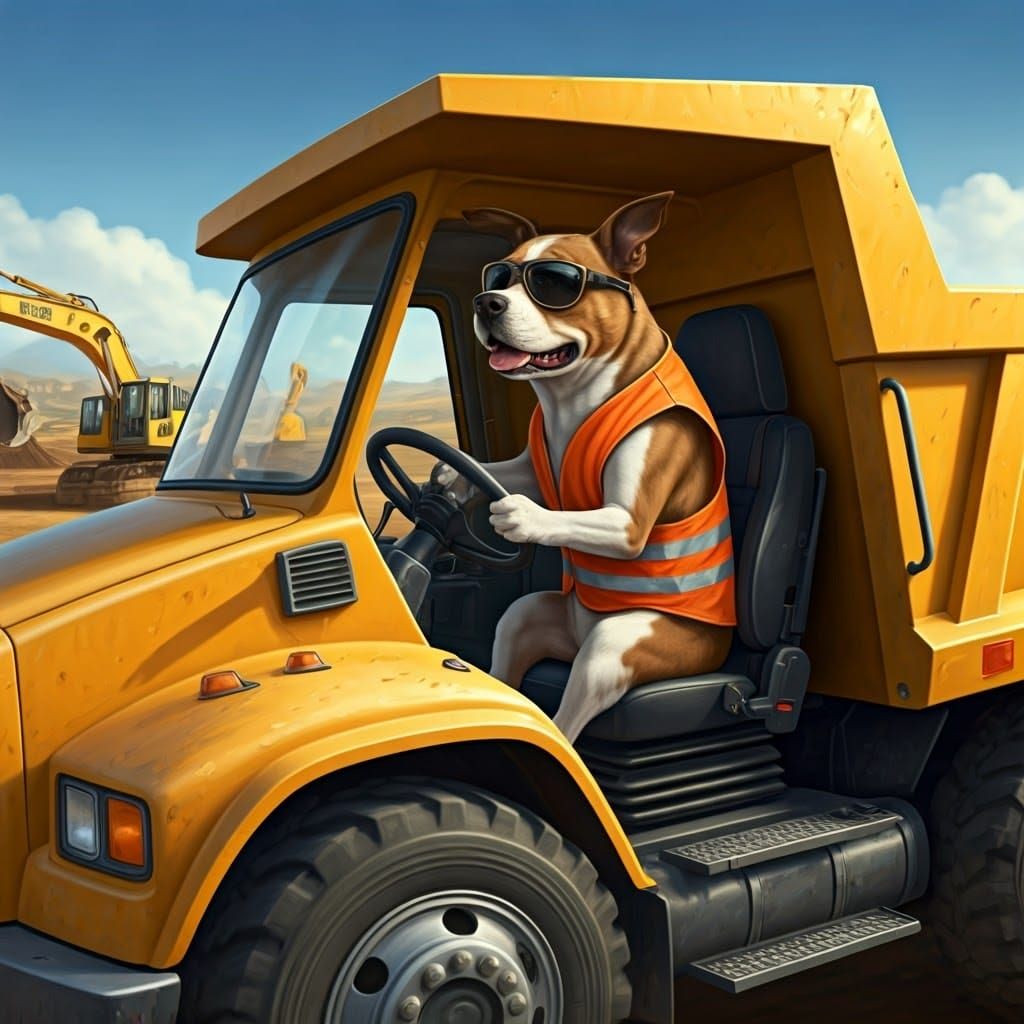 A Playful Dog Drives a Dump Truck in Vibrant, Whimsical Styl...