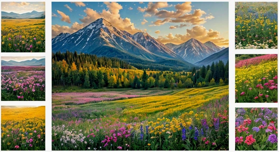 Colorful Flower Landscape Art in Lace Collage Style