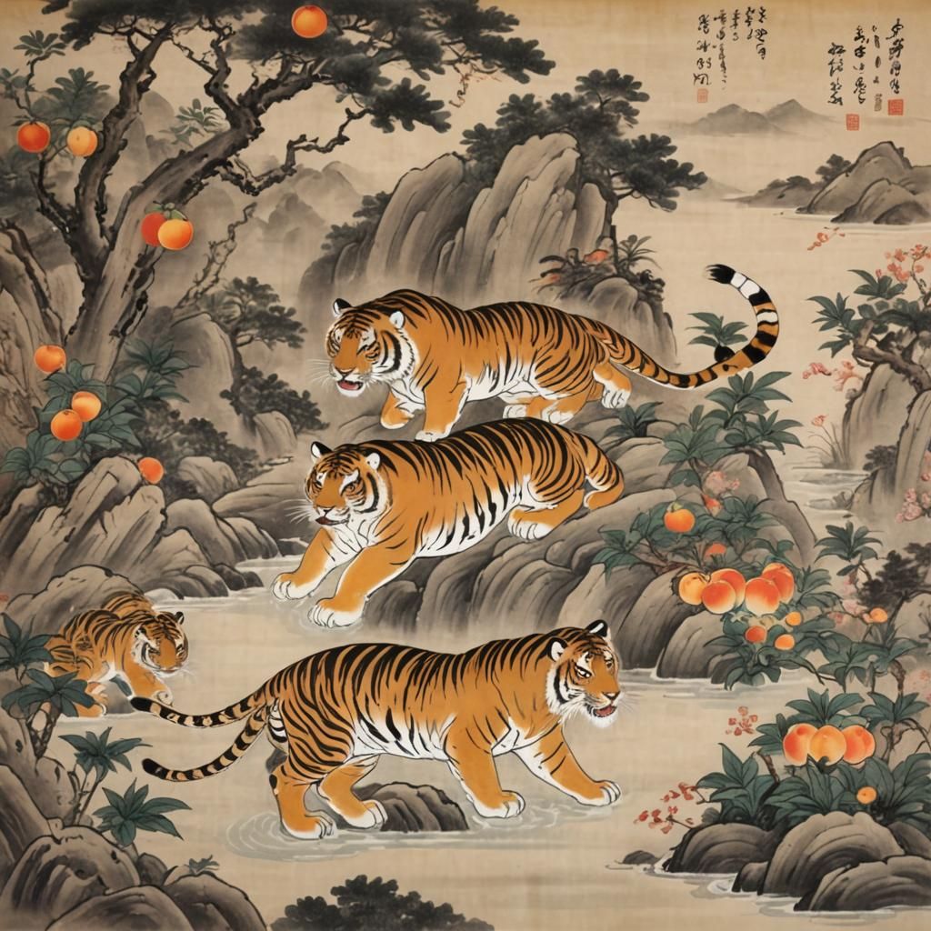 Korean Minhwa Ink Painting with Symbolic Animals