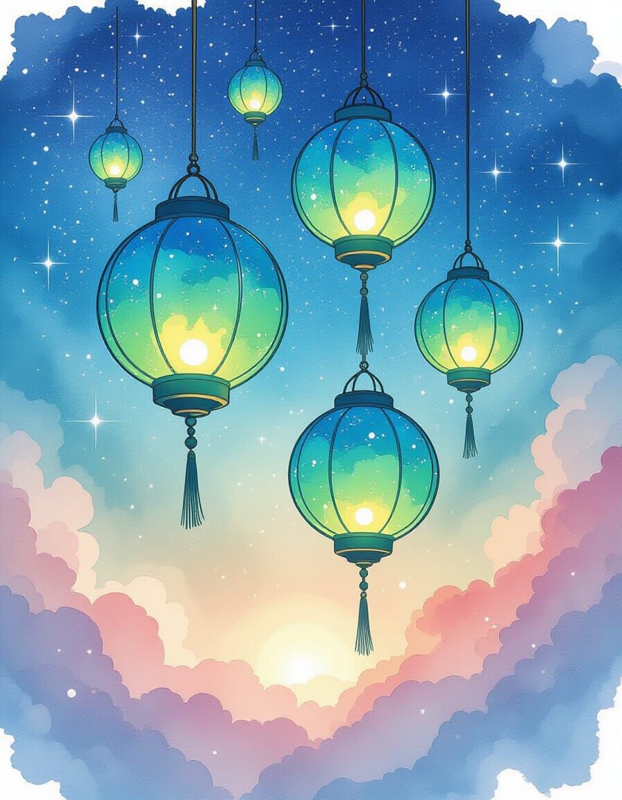 Ethereal Lanterns in Cosmic Watercolor Galaxy