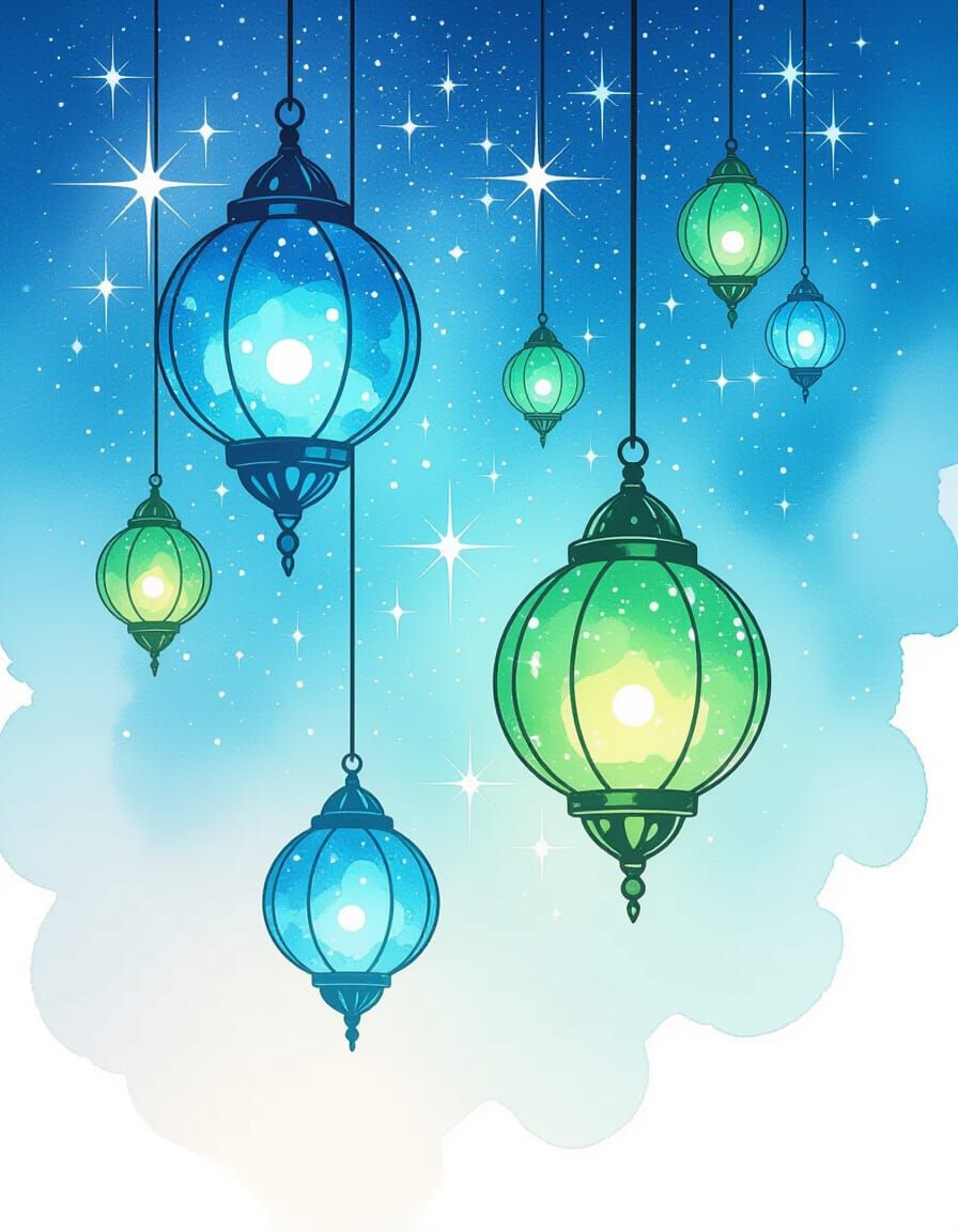 Ethereal Fantasy Lanterns in Watercolor Galaxy Sky