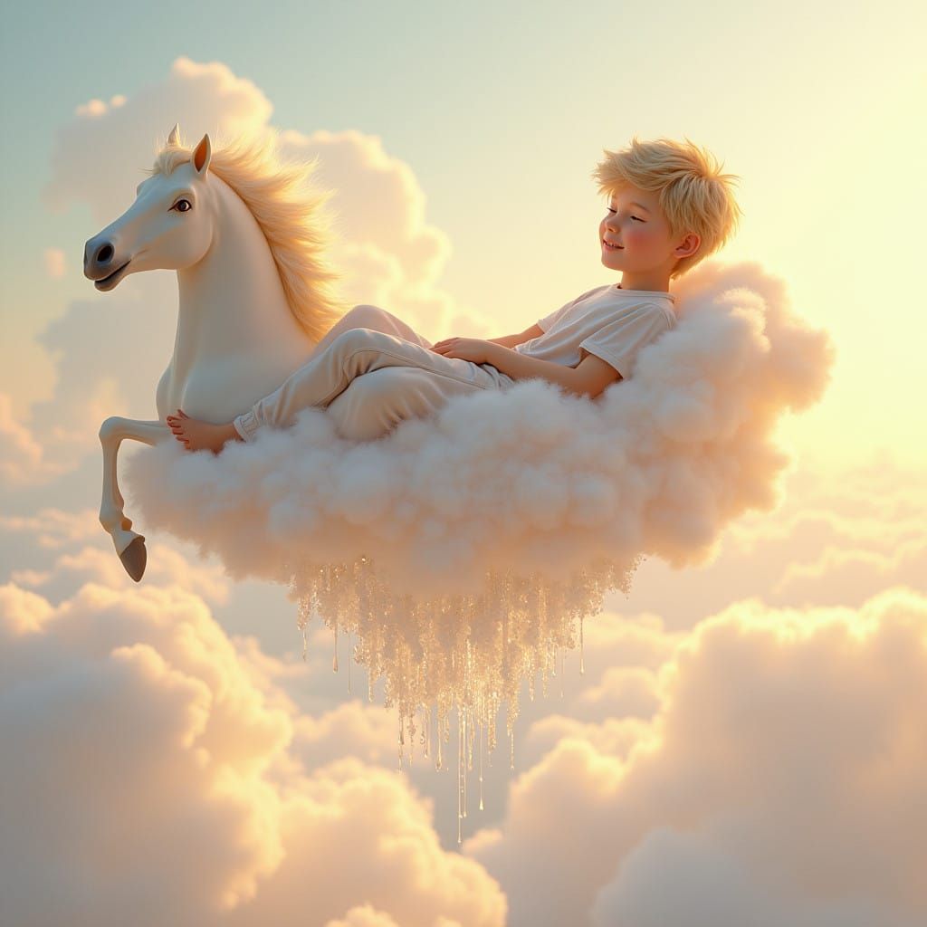 Young Man Drifts on Cloud Sofa with Majestic Albino Horse