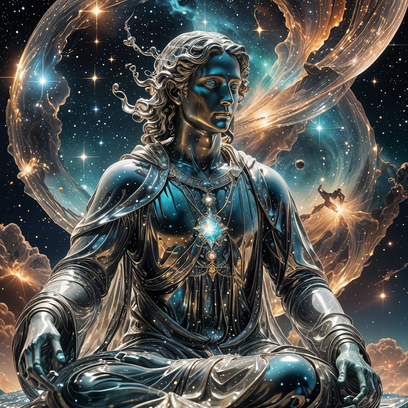 Glass Statue Meditating in Outer Space