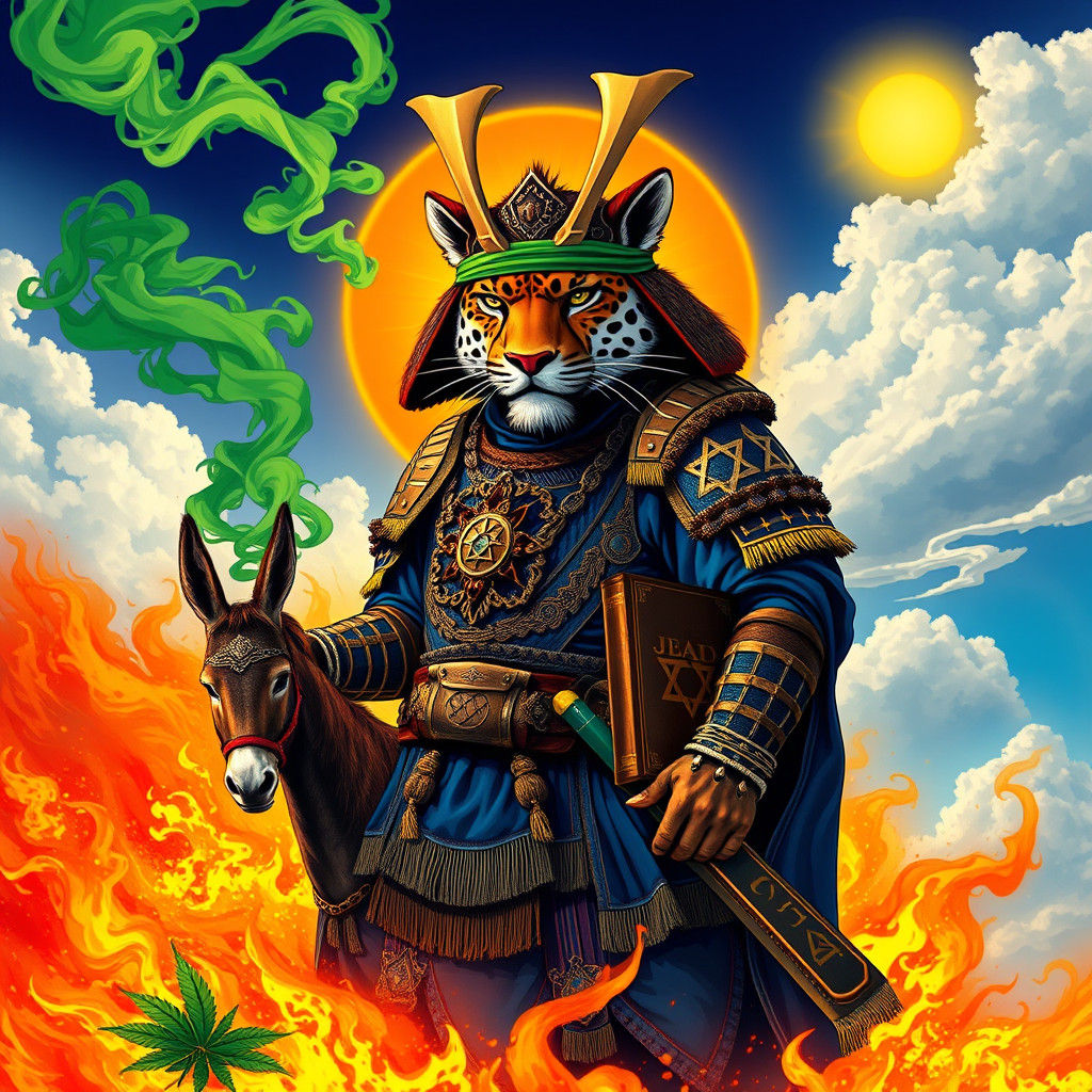 Jaguar Samurai Warrior with Katana and Bible