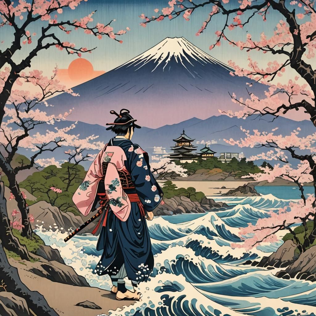 Samurai Gazes at Fuji: Ukiyo-e Woodblock Print