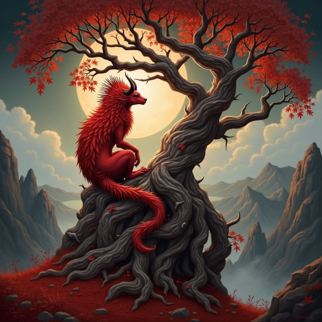 Mystical Creature in Autumn Tree, Surrealist Fantasy Art