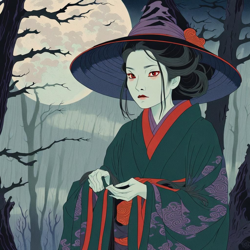 Mysterious Witch in Haunted Forest: Ukiyo-e Style