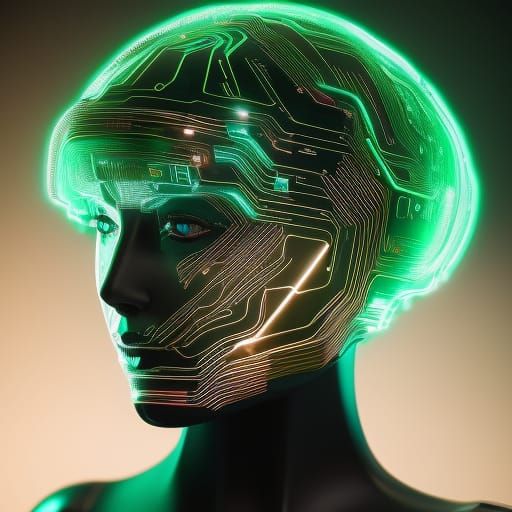 Futuristic Robot Portrait in Gold and Green Ascii Style