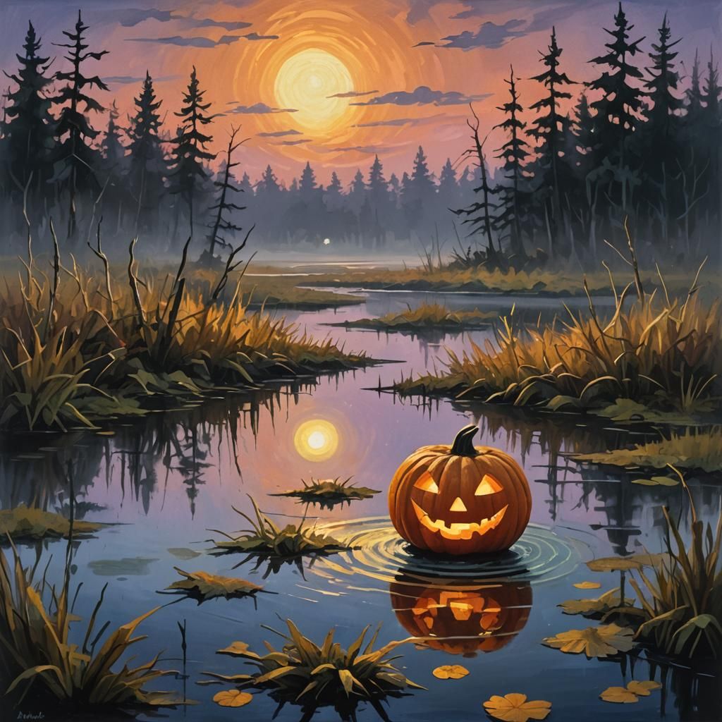 Glowing Jack-o'-Lantern Over Misty Bog in Gouache Style