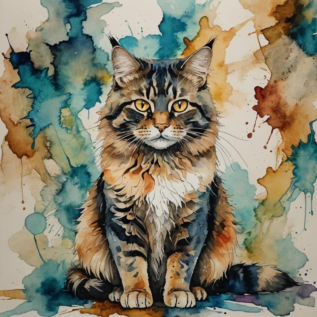 Maine Coon Cat in Gouache and Watercolor Style