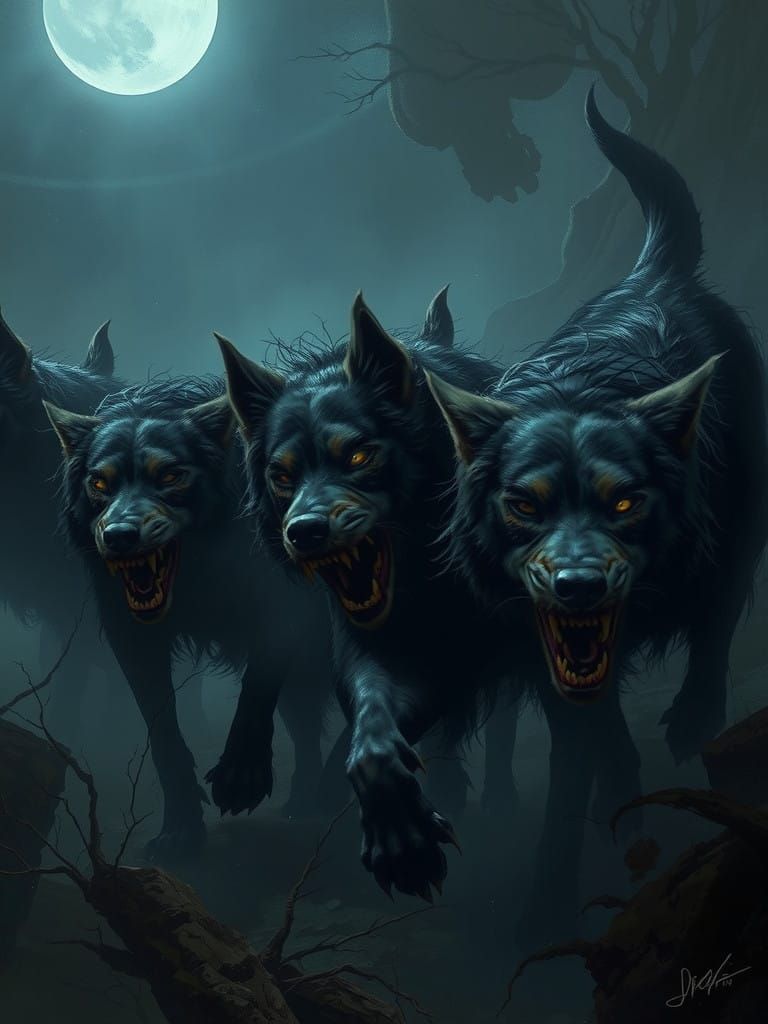 Dark Fantasy Dogs Emerge from Shadows in Gothic Horror Style