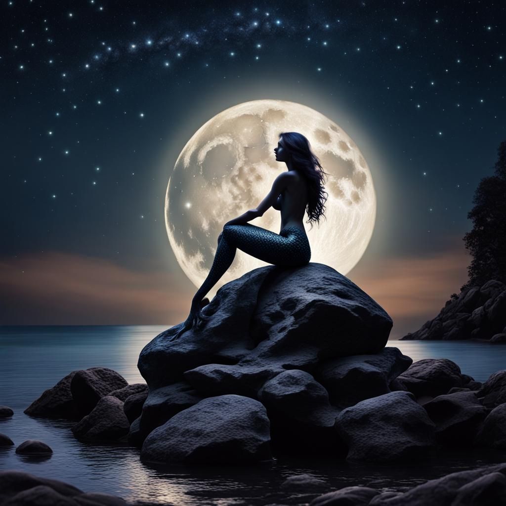 Mermaid Silhouette Under a Starry Moonlit Night