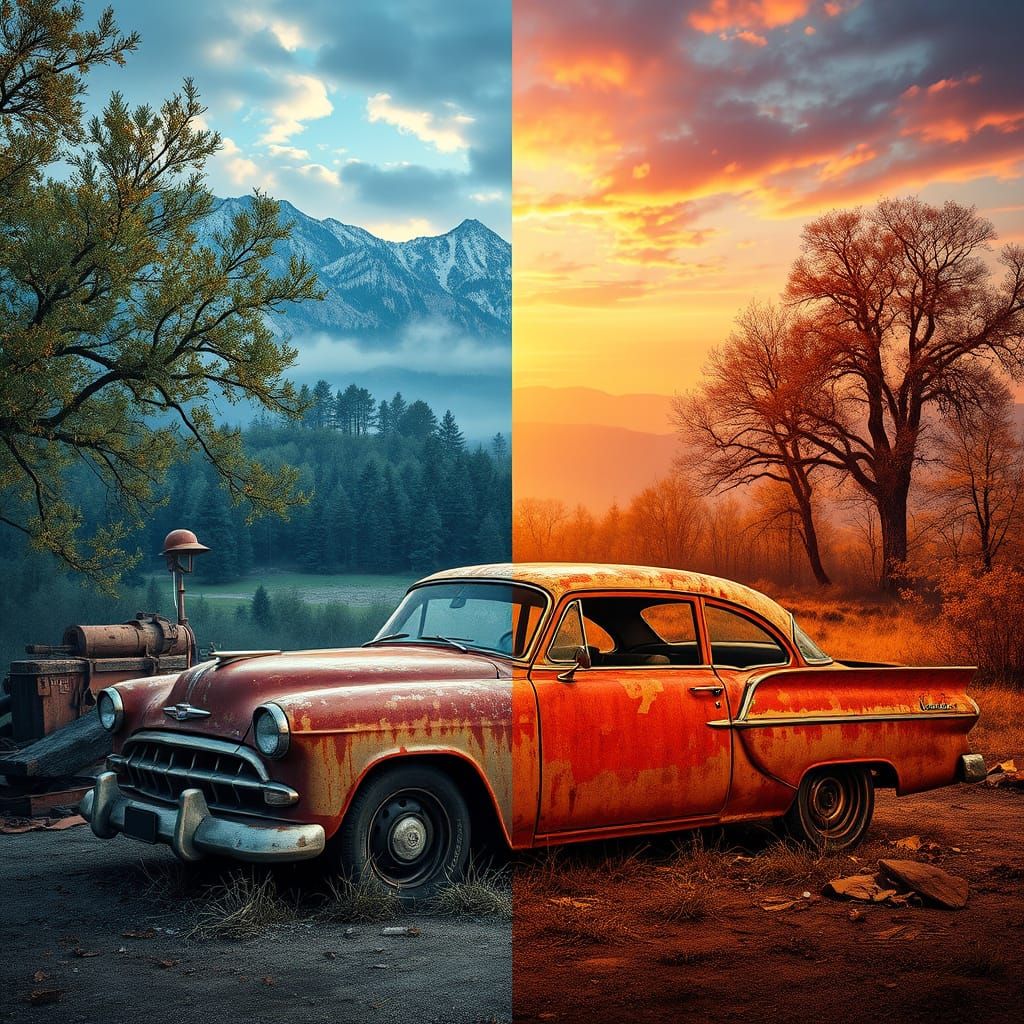 Rusty Car in Hyperrealistic Seasonal Landscapes