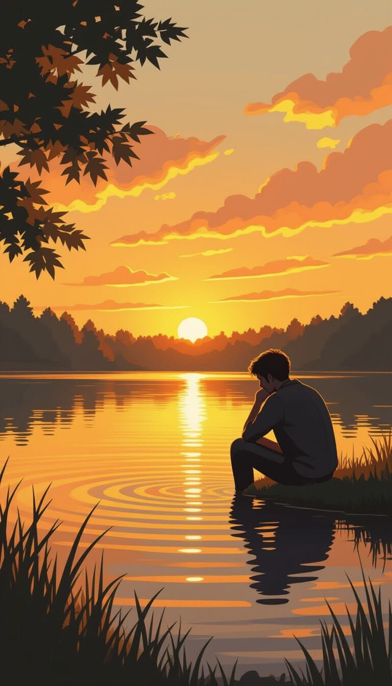 Contemplative Figure at Sunset Lake in Digital Painting Styl...