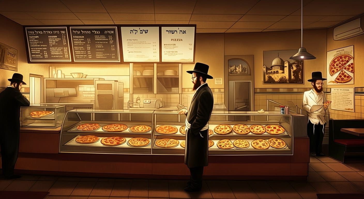 Vibrant Haredi Kosher Pizza Shop Scene in Comic-Style