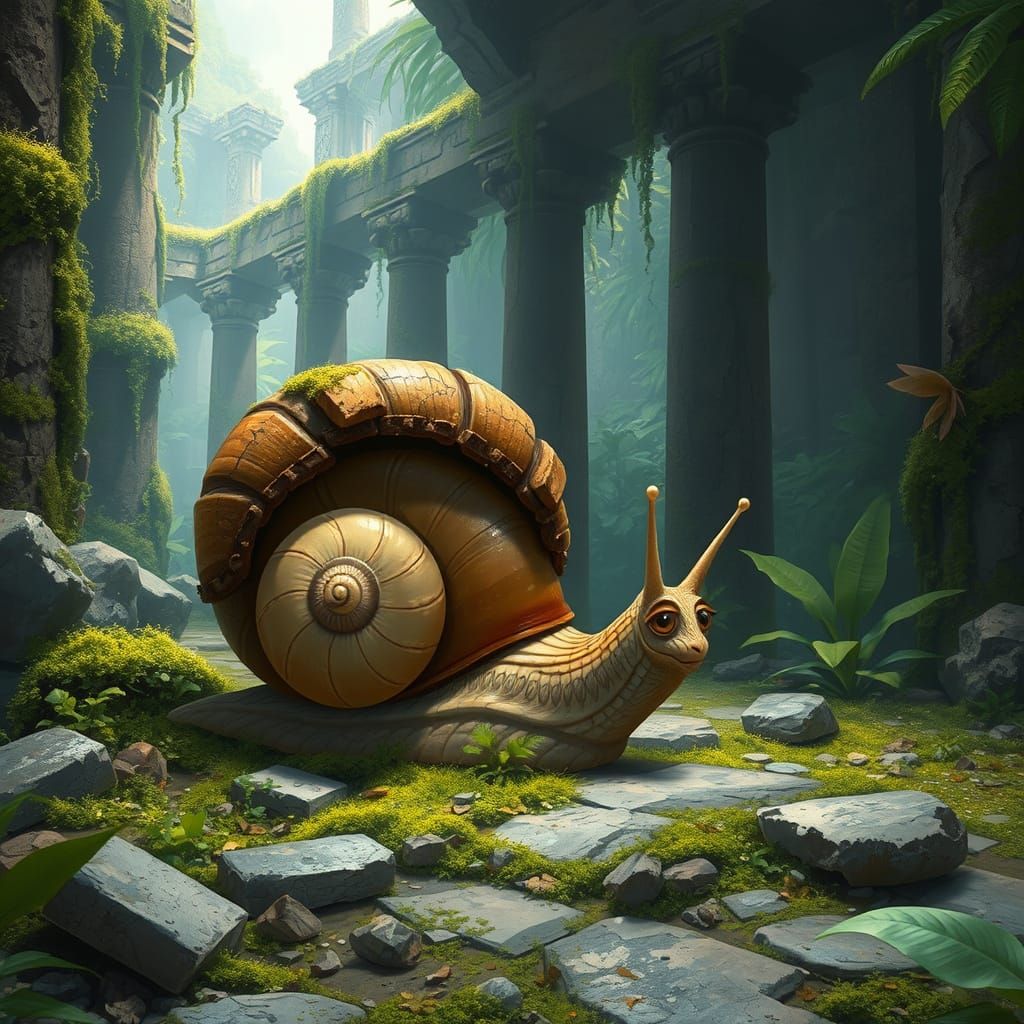 Snail Discovering Ancient Ruins in Digital Art Style