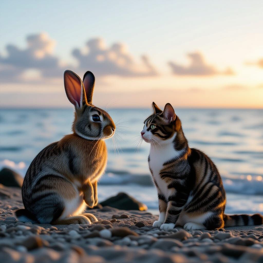 Rabbit and Cat by the Ocean: Cinematic Film Still