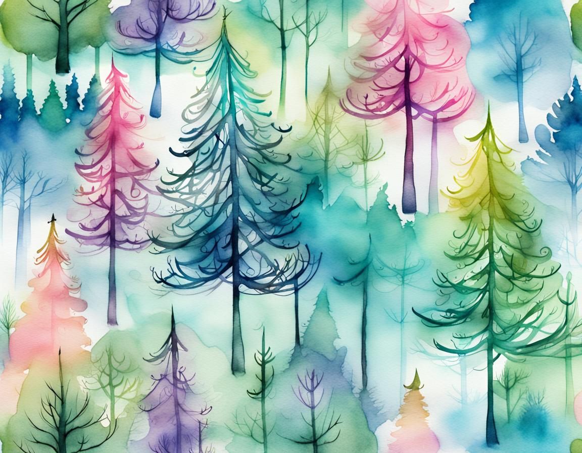 Whimsical Christmas Trees in Ink and Wash Style