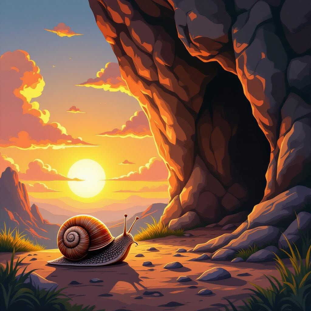 Cartoon Snail Discovers Cave at Sunrise