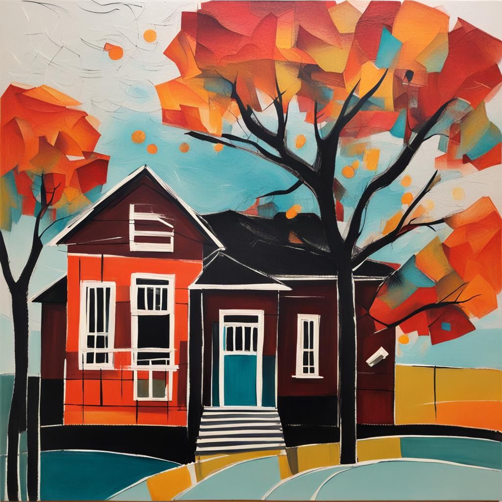 Abstract House and Tree in Complementary Colors