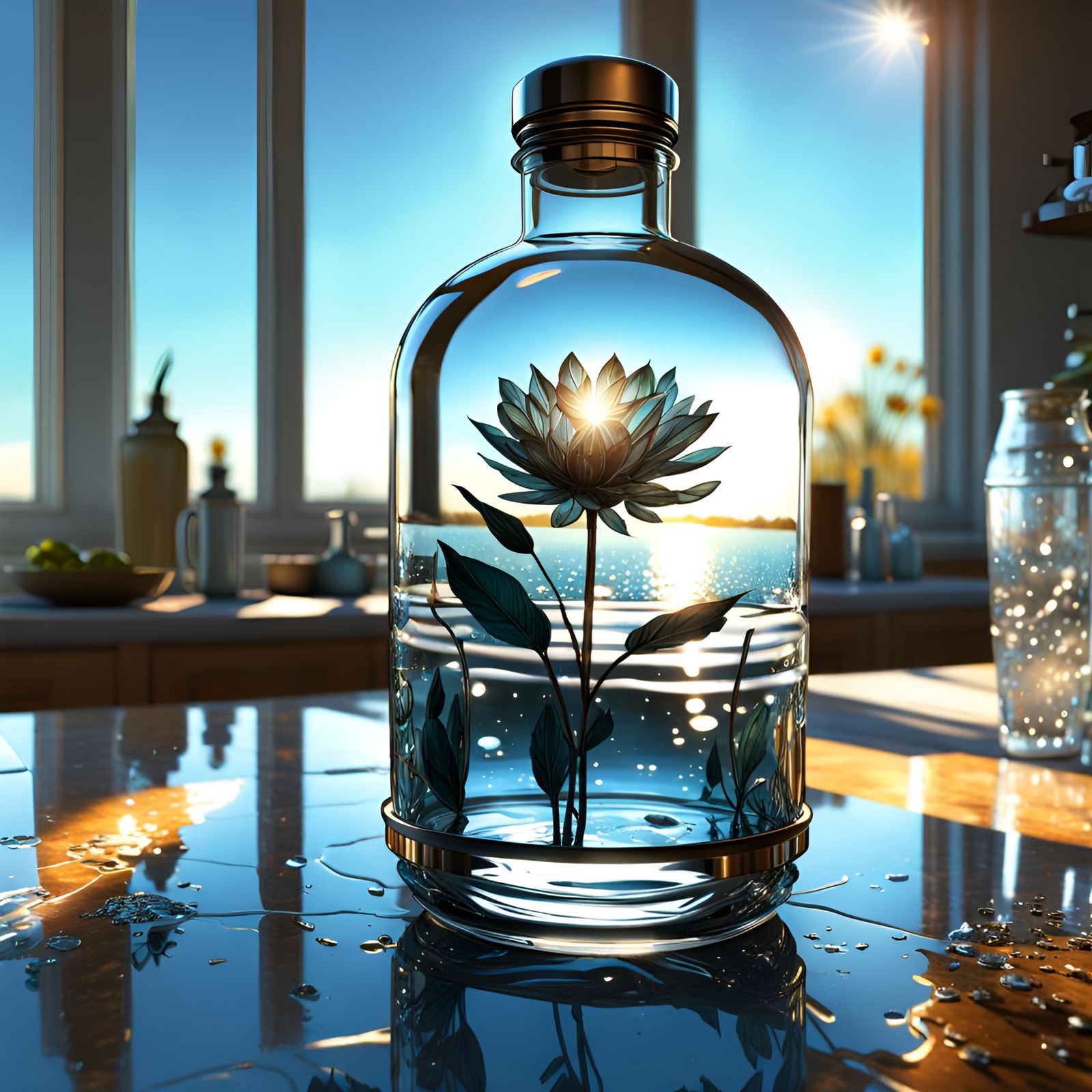 Metallic Water Bottle Reflection in Digital Art Style
