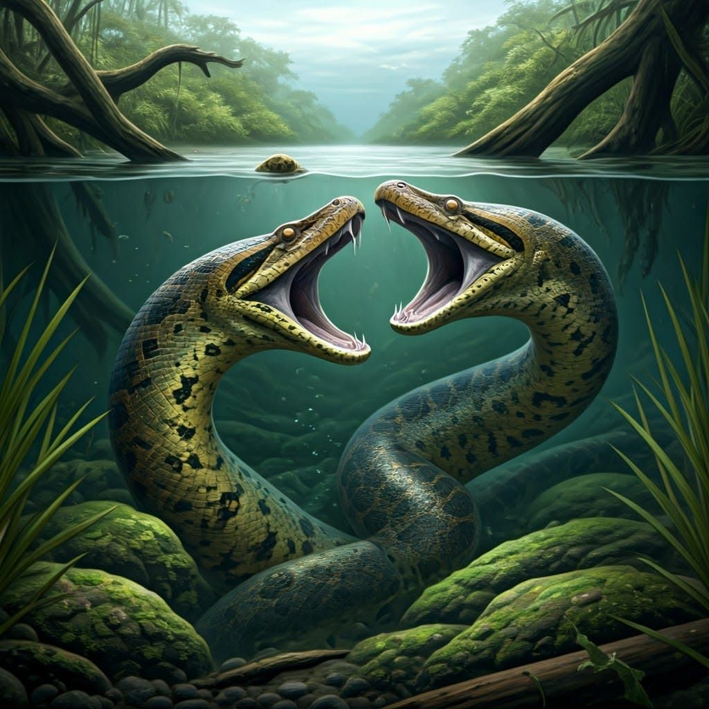 Giant Anacondas Confrontation in Muddy Swamp Waters