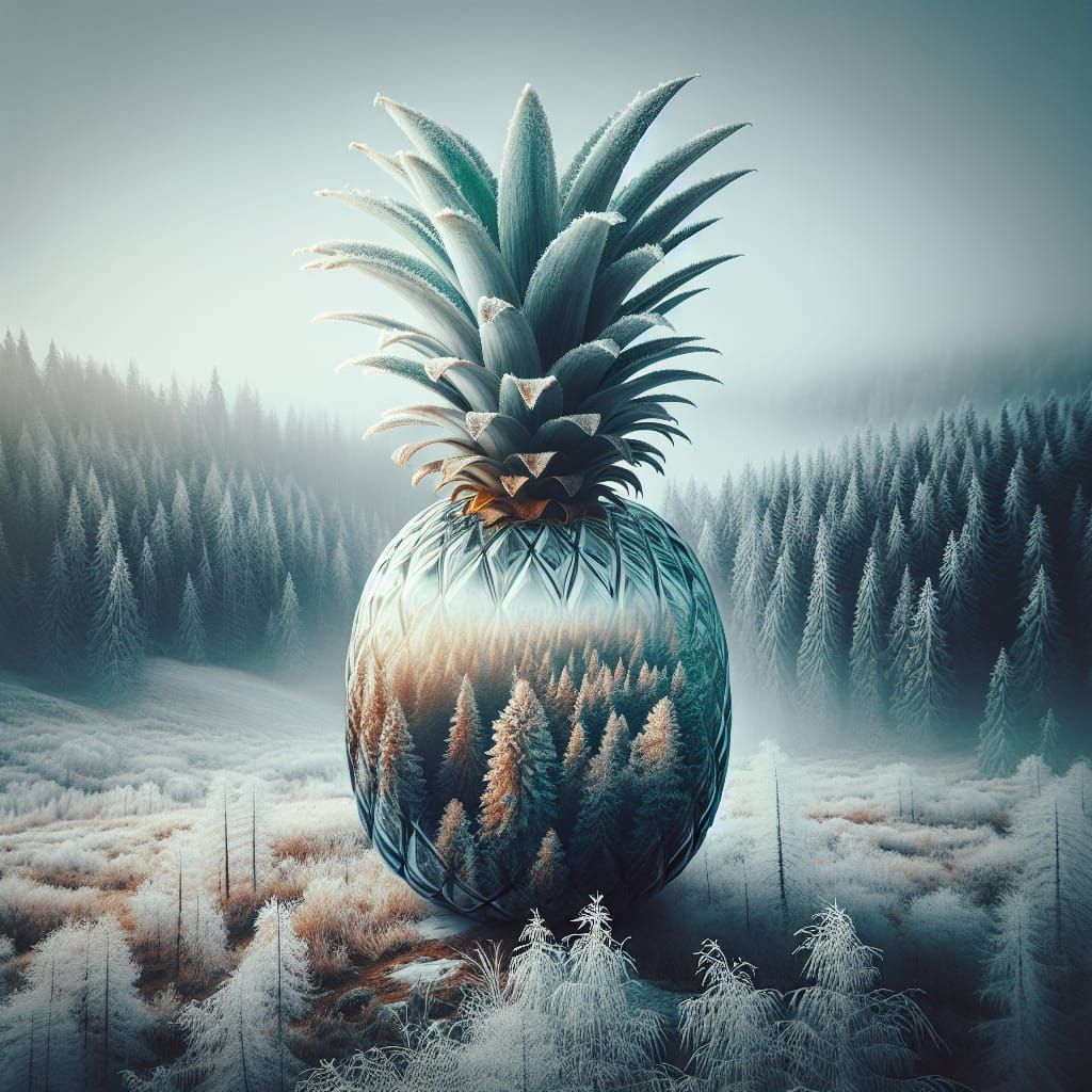 Frozen Forest Encased in Glass Pineapple: Hyperrealistic Ima...