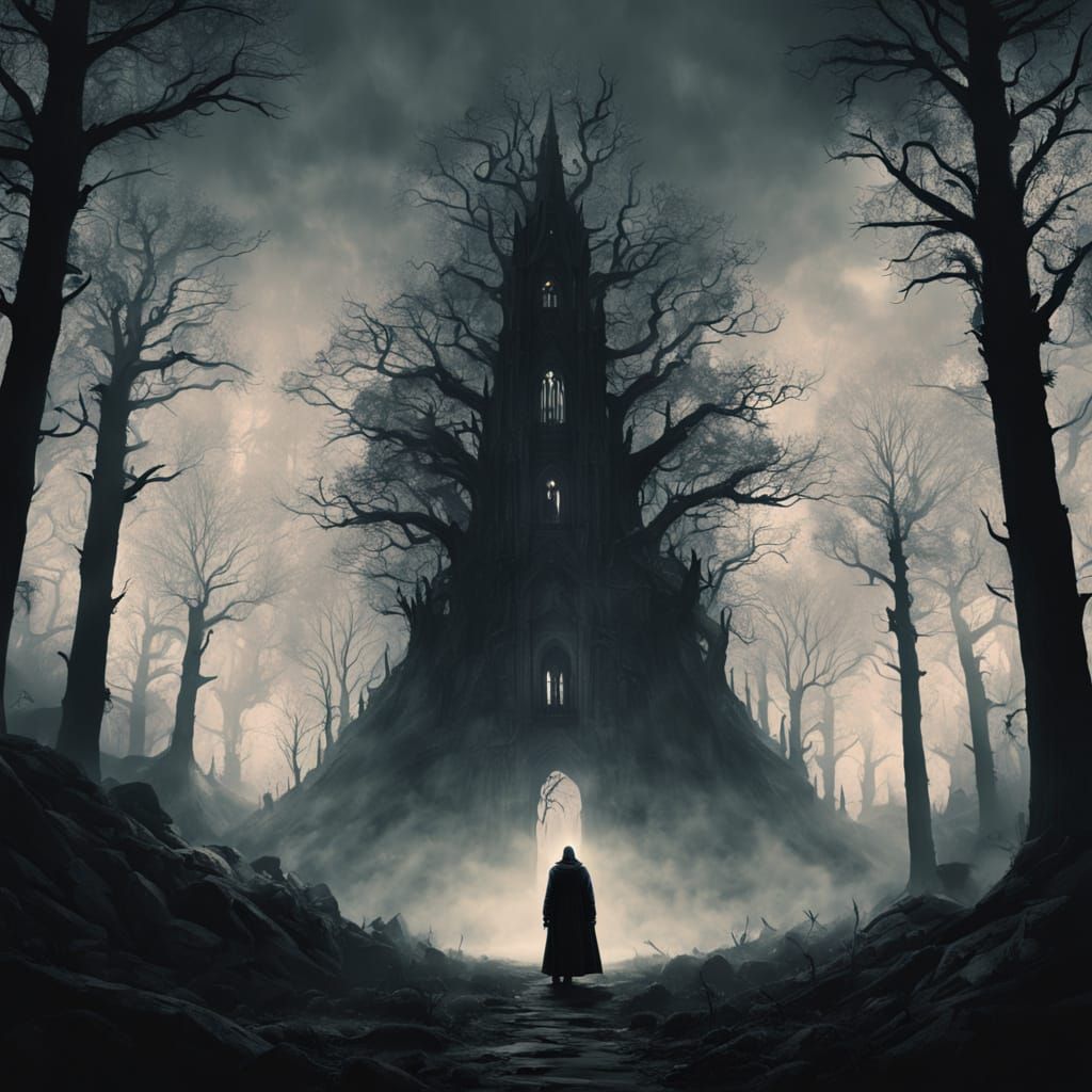 Ominous Gothic Landscape with Fictional Character