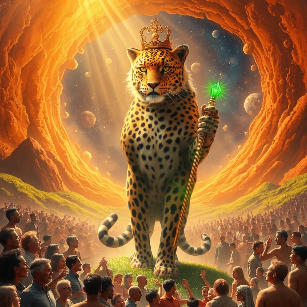 Leopard King in a Surreal Celestial Landscape