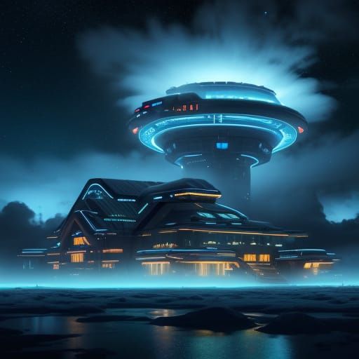 Sci-Fi Lodge Floating Above Neptune in Neon Mist