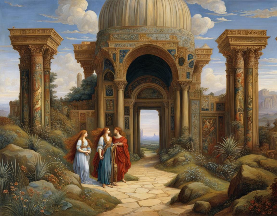 Ancient Gateway to Lost Lands in Pre-Raphaelite Style
