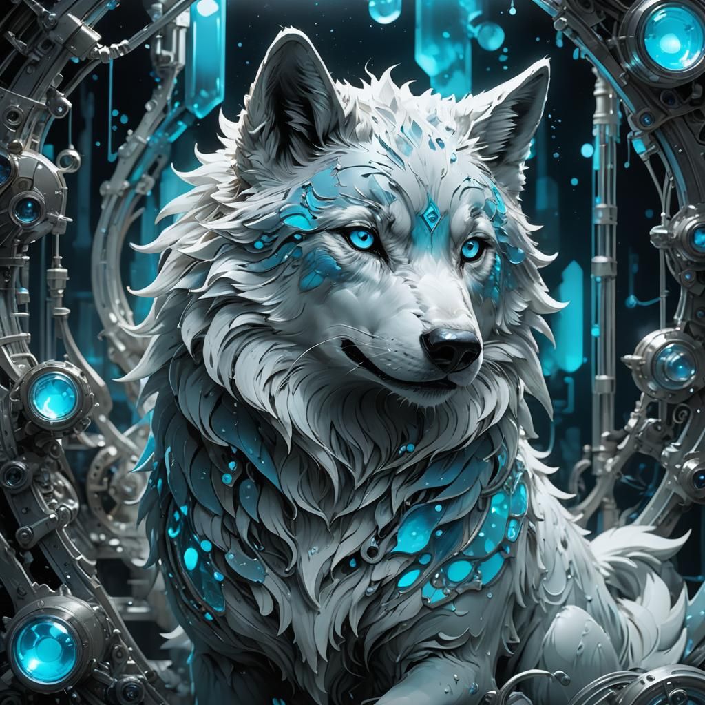 Bioluminescent Wolf Pin-up in Laboratory, Digital Art