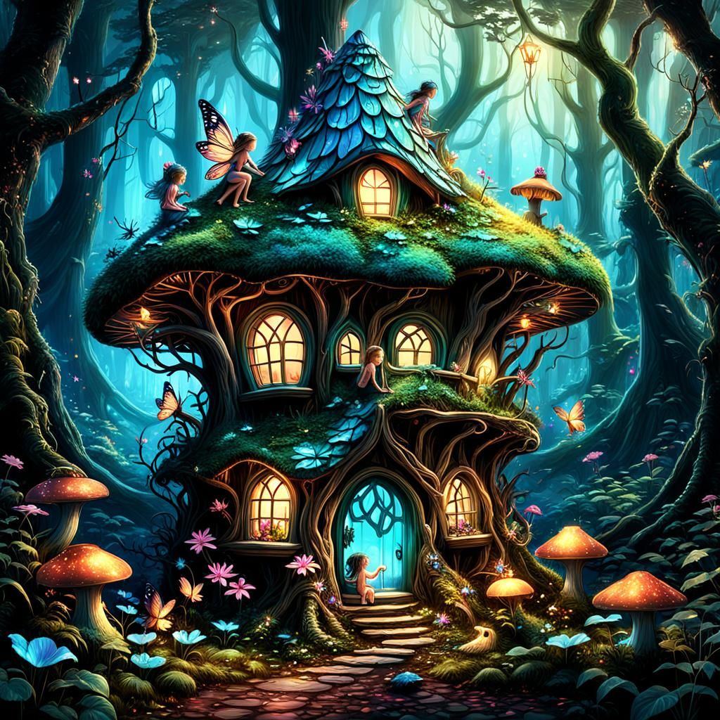 Fairy Babies Playing Around Magical Fairy House