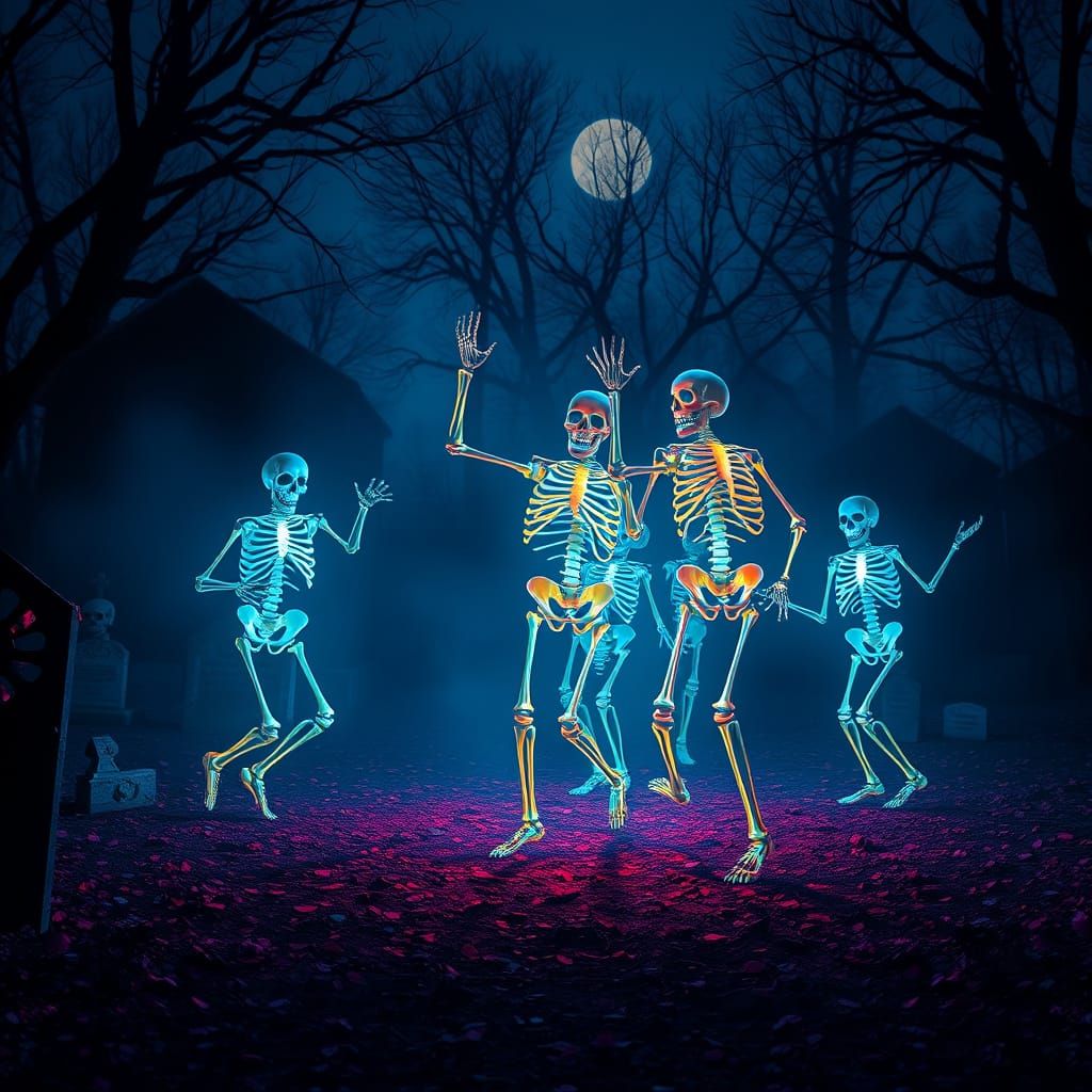 Luminescent Skeleton Family Dancing in Graveyard at Midnight