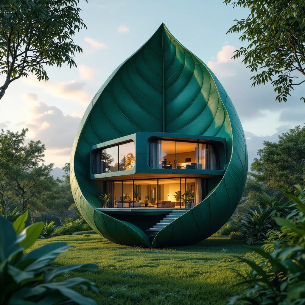 Modern Home Nestled in Leaf: Hyperrealistic Photo