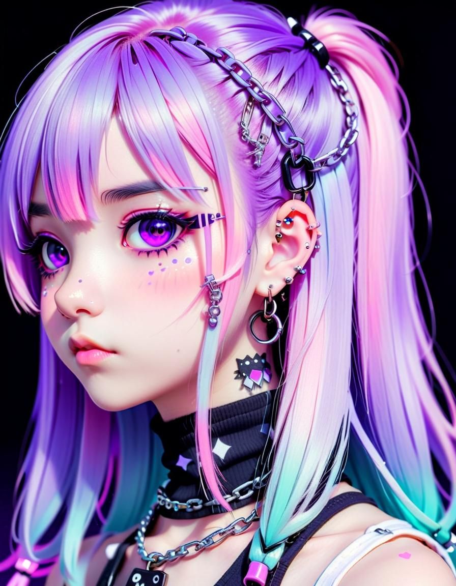 Edgy Goth Anime Girl Portrait in Pastel Colors
