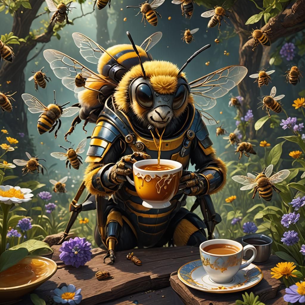Anthropomorphic Honey Bee Drinking Coffee