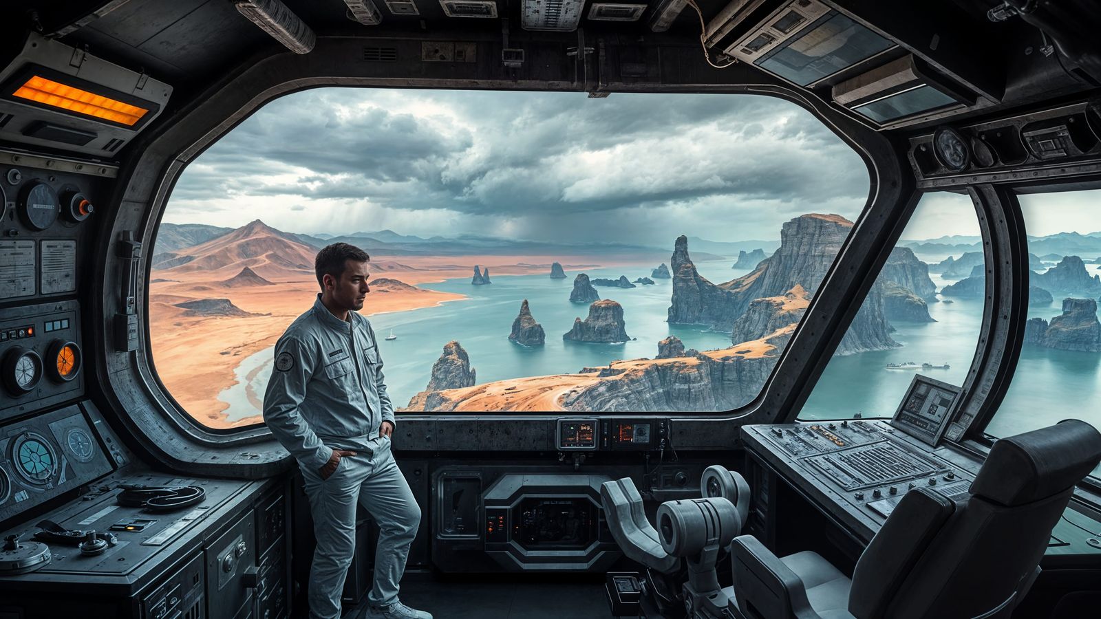 Futuristic Technicians Observe Alien Desert Landscape